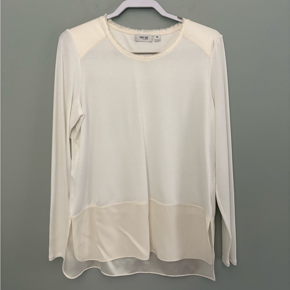 Per Se Cream Silk Blend Mixed Media Long Sleeve Tee Size M